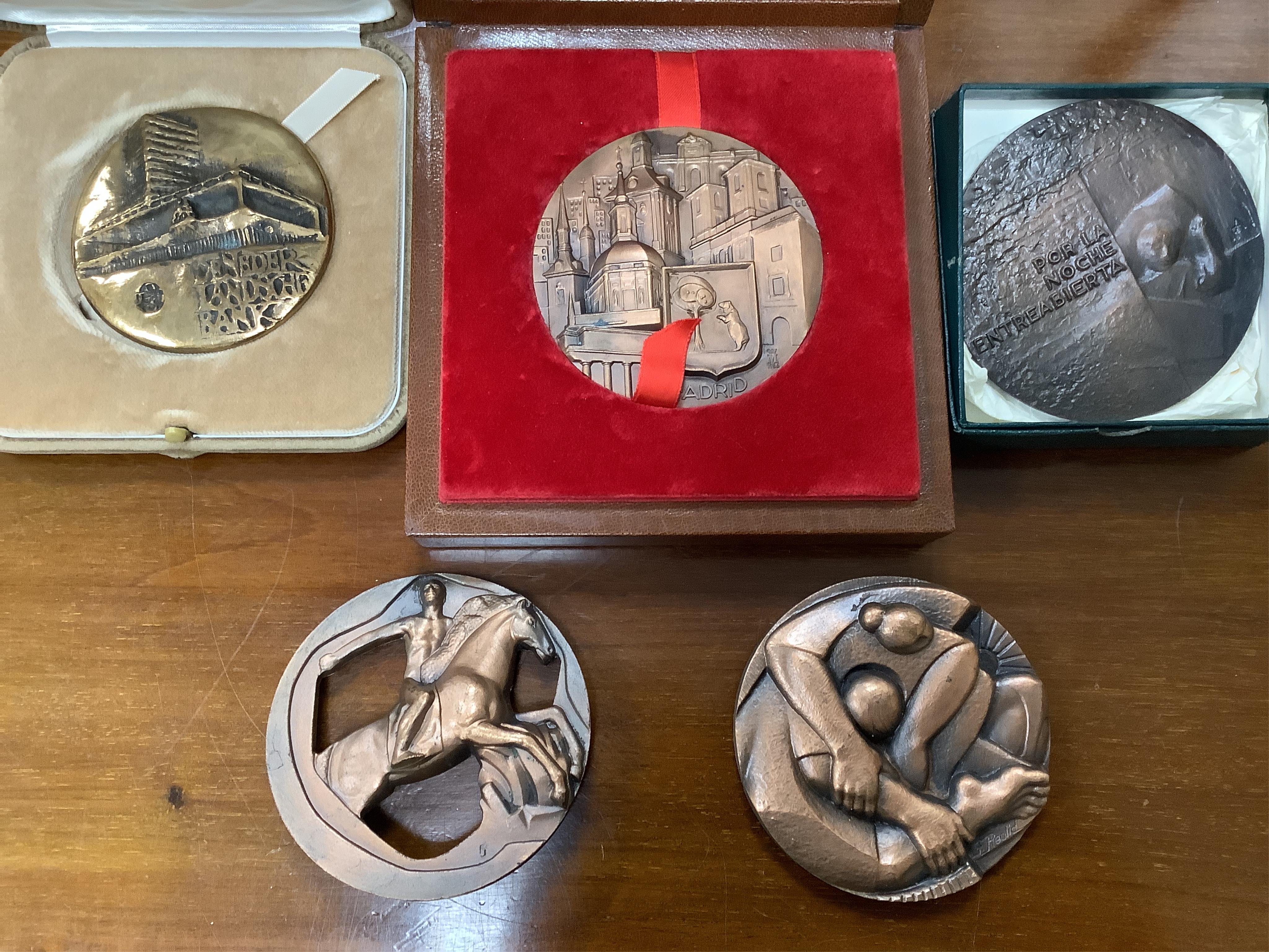 A group of five 1970s/80s European large bronze commemorative medals